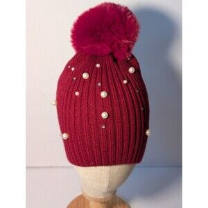 Market & Layne Women's Knit Beanie Hat Pearls Winter One Size Pom Burgundy